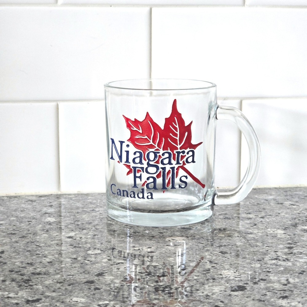 Niagara Falls Canada Glass Mug Clear Red Blue Maple Leaf Souvenir Travel